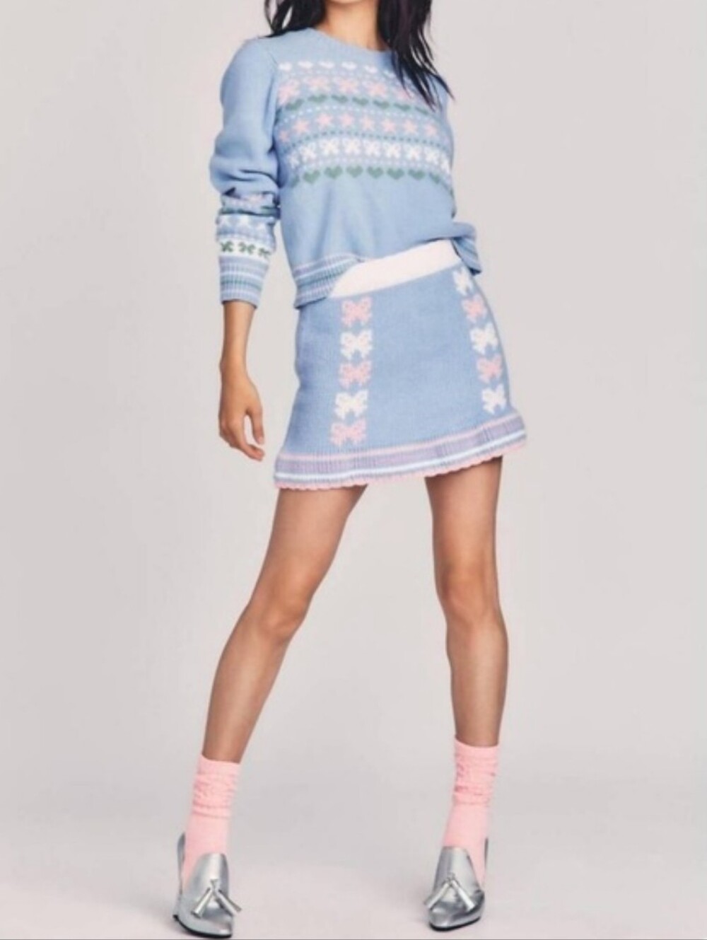 Loveshackfancy Katseye Snuggly Baby Blue Zaheer Sweater + Hathaway Skirt Set S